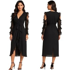 Bardot Black Ruffle Cold Shoulder Midi Cutouts Dress Wrap Tie Size M Nwot